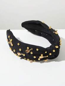 1pc Fashionable Korean Style Sports Headband, Minimalist Black & White Solid Color Fabric Wide Knotted Beaded Ping Pong Racket Decor Hair Accessory,Travel,Birthday - Black Ping Pong Paddle - View 2