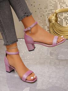 2026 New Round Toe Chunky Heel Strap Rhinestone Buckle Sexy Women Sandals - Pink - View 5