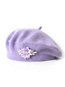 Boina feminina de lã com flor de strass, cor sólida, modelo casual e versátil (1 unidade). - Multicolorido - Ver 19