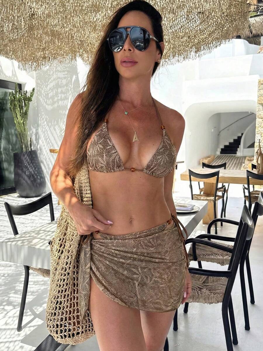 Novo conjunto de Maiô Bikini triângulo sexy com folha de tela e alça de pescoço com contas, roupa de banho de resort de praia com saia envolvente - Castanho - Visão 1