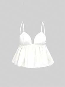 Áo croptop Floreya quyến rũ, gợi cảm, lãng mạn, đa năng, cổ chữ V sâu, dây phồng, chất liệu satin, thích hợp cho mùa xuân/hè. - trắng - Xem 6