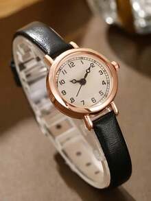Set de 4 piezas Reloj de cuarzo minimalista y casual para mujer, Set de accesorios dorados para mujer (incluye reloj multifunción con esfera negra y blanca y pulsera con cadena con forma de corazón). Detalles en oro rosa combinados con esfera y correa negra y blanca, elementos con forma de corazón en todo el set, que muestra un estilo suave y elegante. - Multicolor - Ver 3