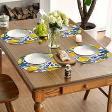 4-Piece Lemon Leaf Pattern Round Linen Texture Placemats - Heat-Resistant And Washable, 15inch Table Mats, Suitable For Elegant Dining And Lemon-Themed Kitchen Decoration, Essential For Table Setting, Gorgeous Patterns, Heat-Resistant Mats, Durable Fabric, Decorative Placemats, Kitchen Enthusiasts, Party Hosts - 4pcs/多色 - 查看 3