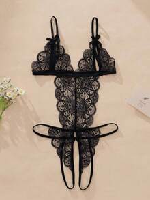 US Shipping Ladies Bowknot Decor Floral Lace Elastic Classic Bodysuit Underwear Ladies Bodysuit ﻿     Suitable For Going Out And Partying - 黑色 - 查看 7