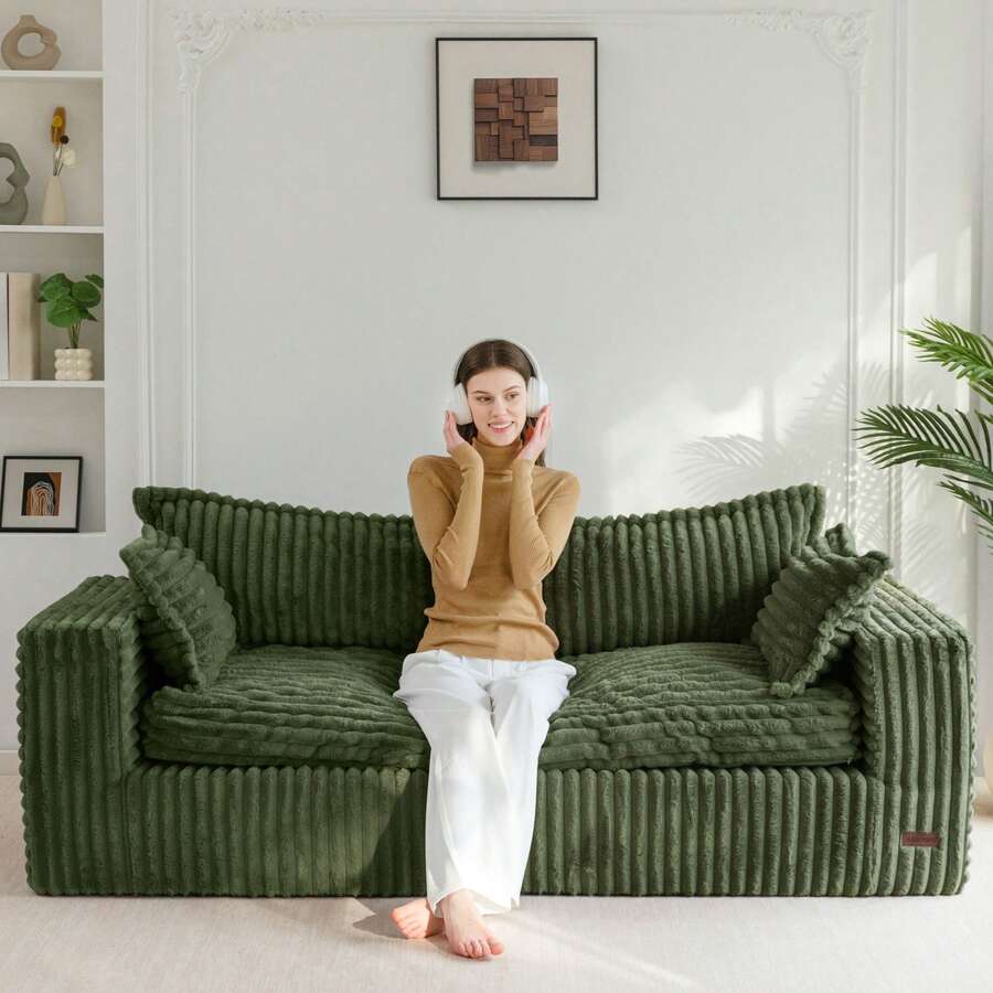 MAXYOYO Boneless Couch Sofa,Thick CorduroyBean Bag Chair Upholstered 3 Steater Sofa Couch With Deep Seating,Sofa In A Box Or Bedroom Office Apartment,No Assembly - 墨綠色 - 查看 1