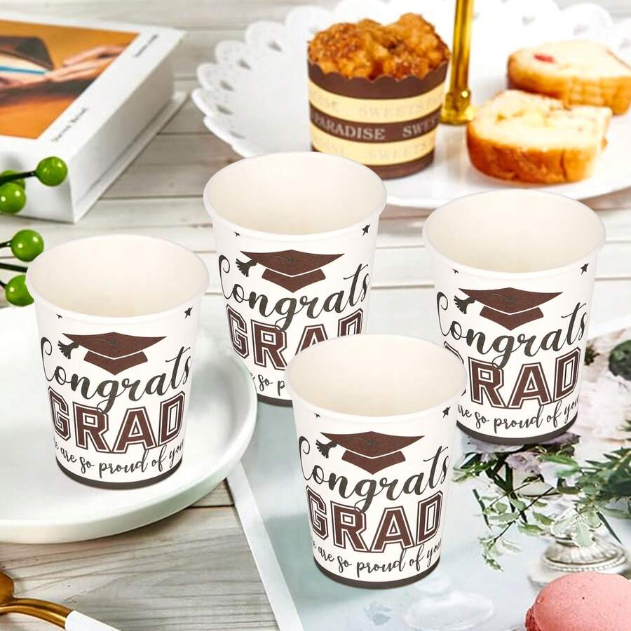 1 包毕业主题毕业帽图案派对纸杯，9 盎司，毕业季主题派对一次性纸杯 - 白色 - 查看 1