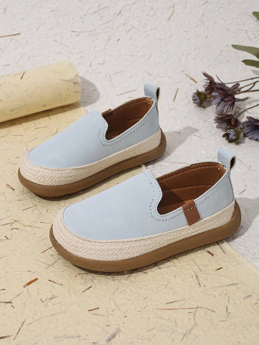 儿童夏季草编边套脚鞋，男女童软底舒适休闲鞋，简约百搭乐福鞋 - 藍色 - 查看 1