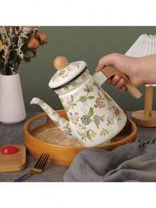1pc Vintage Enamel Coated Wooden Handle Coffee Pot, Handmade Gooseneck Kettle, Household Tea Pot, Cold Water Pot, Oil Pot, Teapot, Milk Tea Pot, Handmade Coffee Pot, Enamel Coated Water Pot, Heat-Resistant Japanese Style Enamel Tea Pot, Enamel Coffee Pot, Thickened Enamel Oil Pot, Retro Restaurant Tea/Water Pot - Enamel Kettle With Wooden Handle - View 1