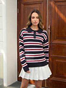 Colorblock Striped Knit Button Front Ribbed Tops For Women, Classy Going Out Tops, Long Sleeve Tops, Jumpers For Women, Spring, Autumn, Summer - Royal Blue - View 7