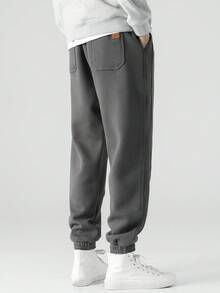 Men Pocket Letter Graphic Drawstring Waist Casual Jogger Sweatpants, For Daily Wear, Emo, 2000s Style - Dark Grey - View 3