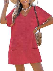 Swimsuit Coverup For Women Waffle Knit V Neck Short Sleeve Beach Coverup Dress With Pockets - Red - View 9