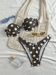 Sexy & Playful Blue & Yellow Polka Dot Bikini Set 2pcs - Bandeau Top With Purple Straps & Bow Detail + Low-Rise Brief | Beach Vacation Swimwear For Women - Yellow Polka Dots - View 3