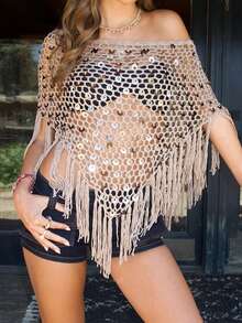 Khăn choàng tam giác dệt sequin thủ công dành cho nữ, khăn choàng tua rua thời trang cho kỳ nghỉ - Màu Khaki - Xem 6