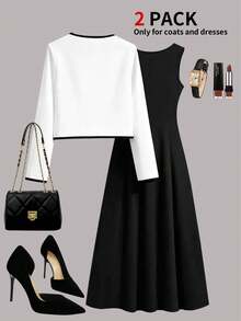 Women's Elegant Black & White Contrast 2 Pieces Set: White Trim Blazer Jacket Paired With Black Sleeveless A-Line Dress, Formal Office Commute Suit - Black - View 4