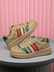 Women's Retro-Style Striped Color-Blocked Lace-Up Casual Skateboard Shoes, Random Printed Letter Patterns, Versatile And Comfortable Platform Sneakers With Added Height. - 杏色 - 查看 5