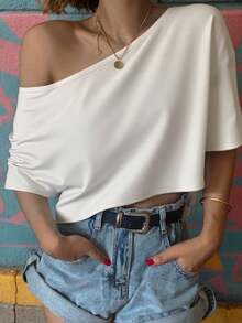 1pc Women's Asymmetrical Shoulder Batwing Short Sleeve T-Shirt Top, Loose Fit, Suitable For Summer, Beach, Street, Daily, Work, Office Party, Outing, Carnival, Music Festival, Valentine's Day, Party Occasions. Loose, Streetwear Style, Also Suitable For Outdoor Wear, Versatile Design, A Top Choice For Summer. - White - View 3