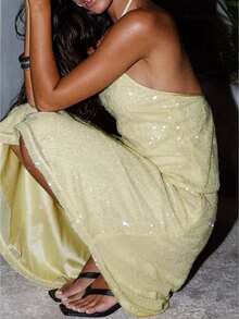 Women Y2k Halter Tank Top Glitter Sparkly Sleeveless Beaded Cami Top Summer Backless Crop Tank Top Going Out Rave Party Clubwear - Màu vàng - Xem 6