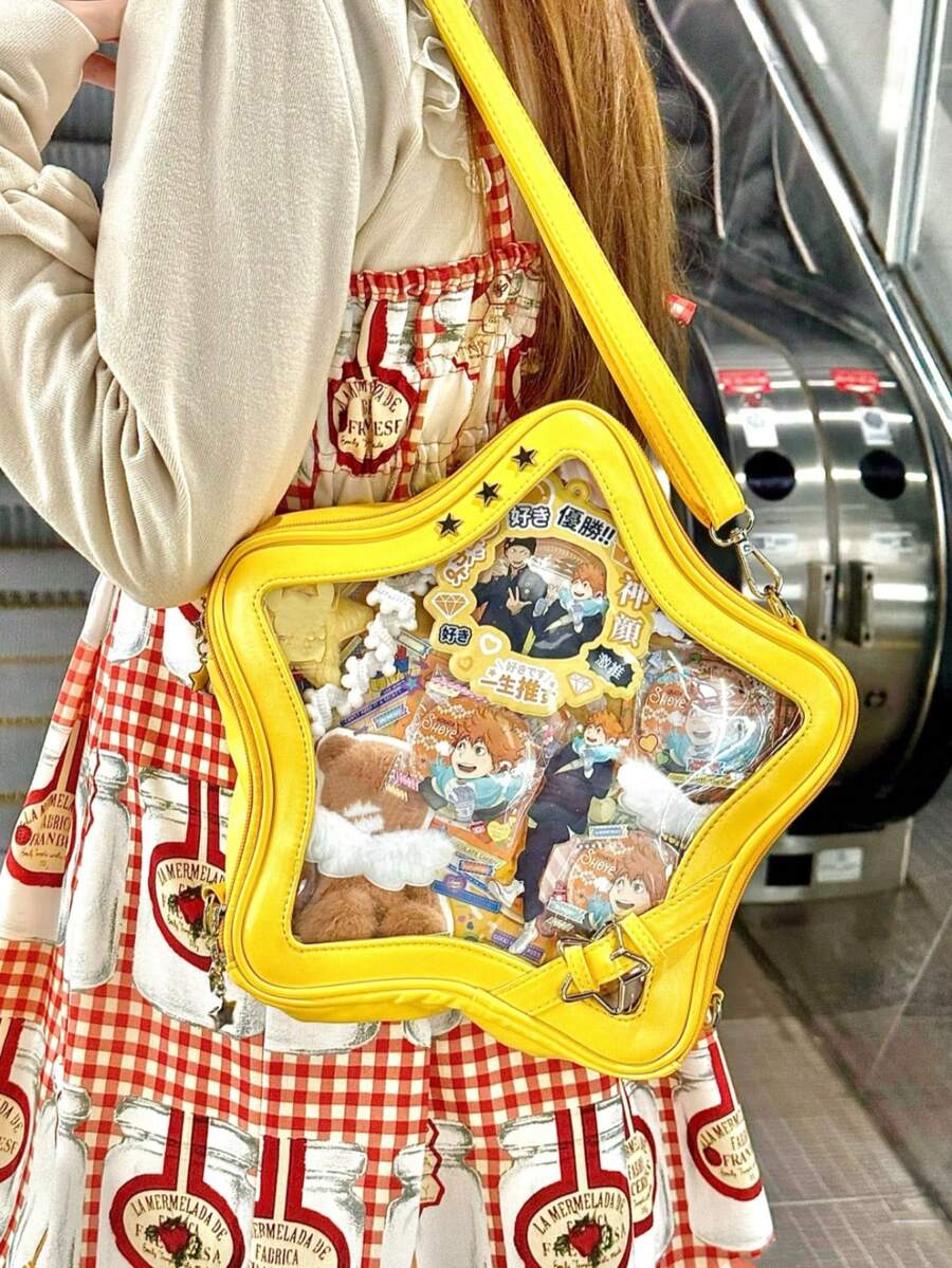 1件 Y2K 亚文化甜辣风多功能背包，大容量五角星独特设计单肩包，时尚斜挎包，PU材质拉链封口，适合可爱甜美的女孩，3D 立体宽大多功能透明装饰包，DIY 痛包，适合大学生、旅行、购物、漫展、派对、通勤，可搭配洛丽塔公主裙、JK制服、角色扮演等。 - 彩色 - 查看 1