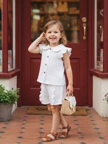 Baby Girls Shorts Set, Fly Sleeve Doll Collar Vest With Elastic Waist Shorts Summer Outfit - White - View 3
