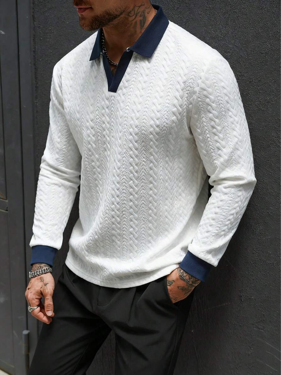 男士V领Polo衫，弹力提花面料，修身长袖针织运动服 - 白色 - 查看 1