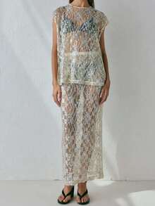 Womens Two Piece Skirt Outfits Mesh Sheer Sleeveless Y2K Going Out Top With Long Skirt Summer Sparkly Sequin Maxi Skirt Sets Party Clubwear - trắng - Xem 3