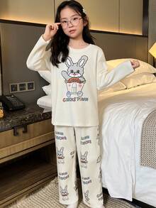 Autumn/Winter New Girls 2-Piece Set Round Neck Children's Pajamas Simple Cartoon Cute Letter Print Loungewear - Apricot - View 5