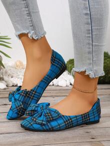 New Blue Plaid Bow Tie Pointed Toe Flat Casual Versatile Loafers For Women - Blue - View 11