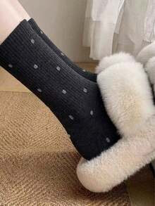 5 pares de calcetines medianos estilo Ins para mujer, calcetines de lunares grises para otoño/invierno, calcetines versátiles tipo tripulación - Multicolor - Ver 7