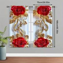 2pcs Elegant Golden Leaf & Red Rose Printed Curtains - 2D Flat Print, Privacy Curtains Suitable For Living Room, Bedroom, Office And Home Decor, Valentine's Day Curtains - Multicolor - View 9