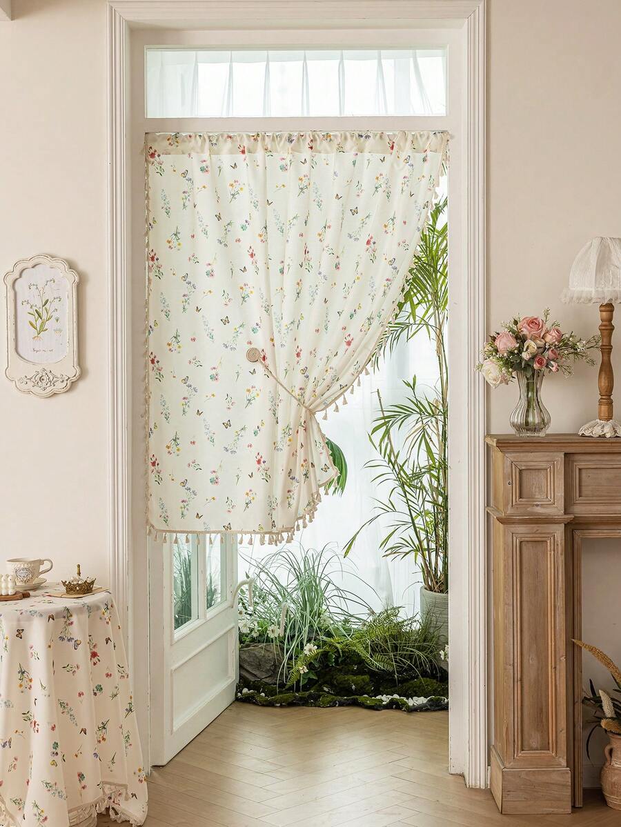 1pc Spring Fresh Pastoral Style Door Curtain, Cute Floral & Butterfly Pattern, 3D Bamboo Texture, Beige Tassel Decor, Washable, Room Divider, Kitchen Short Curtain, Privacy Protection, Home Decor, Suitable For Bedroom, Kitchen, Living Room, Study, Balcony, Entrance, Cabinet, Cafe, All Season, Spring/Summer - Multicolor - View 1