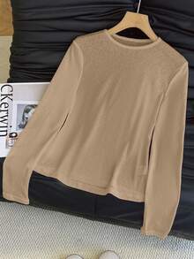 Y2K Elastic Sheer Long Sleeve Crew Neck Fitted T-Shirt Top Spring - Khaki - View 5