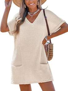 Swimsuit  Coverup For Women Waffle Knit V Neck Short Sleeve Crochet Solid Color Beach Coverup Dress With Pockets - Beige - View 11