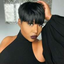 女士精灵短假发，真人发假发，短款层次精灵假发，全蕾丝假发，巴西原生真人发假发，女士无胶假发，自然色