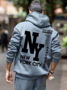 男士休闲纽约缩写印花连帽卫衣，返校季，秋冬季 - 淺藍色 - 查看 2