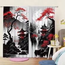 2pcs Set Red Floral Landscape Print Blackout Curtains - Rod Pocket Design For Privacy & Heat Insulation, Perfect For Bedroom And Living Room Decor, Machine Washable Polyester Drapes - Multicolor - View 6
