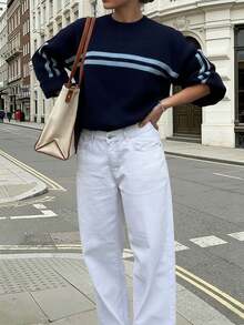 Women's Autumn And Winter Blue Crew Neck Long Sleeve Knitted Sweater, Splicing Design Sweater Top, Daily Commuter Versatile Knitted Pullover