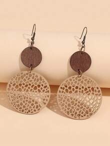 1 Pair Fashionable Classic Hollow Round Wooden Slice & Leather Earrings - one-size - View 8