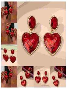 1 Pair Women's Fashion Dangle Earrings, Sweet & Heart Pendant Earrings, Classic Red Heart Decor, Suitable For Valentine's Day, Dates, Gifts And Daily Wear - Golden Yellow + Red - View 3