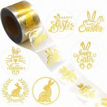 500pcs Foil Easter Greetings English Doodle Stickers, 1 Inch Round 6 Designs, Easter Transparent Rabbit Handmade Gift Envelope DIY Decorative Stickers, Holiday Party Decorations, PVC Sticker Seals - Gold - View 1