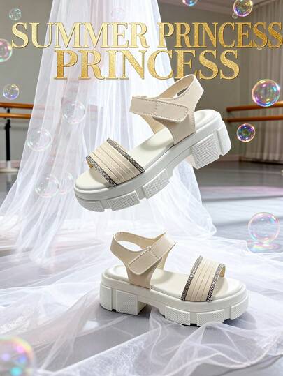 Sandalias de tacón alto de moda para niños, sandalias de plataforma gruesa para niñas, sandalias para estudiantes de primaria, decoración con rhinestones, cómodas y duraderas, adecuadas para salidas casuales, bodas, fiestas, vacaciones de verano