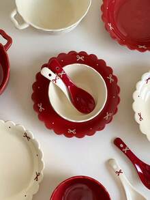 1/2pcs Lace Bow Ceramic Plate, Red Girly Newlywed Gift, Wedding Engagement Housewarming Holiday Tableware Decor