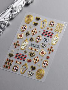 Miếng dán móng tay họa tiết đồng hồ bàn cờ bất đối xứng 5D kiểu retro, hình trái tim kẻ ô viền lá bài vàng thời trang, tự dính, trang trí móng tay nghệ thuật, dụng cụ làm móng DIY tại salon. - Nhiều màu - Xem 7