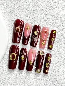 10片装勃艮第手工斋月系列美甲贴纸，法式美甲套装，包含太阳、月亮、星星美甲装饰、黄色爱心水钻美甲贴纸，凝胶美甲套装，三种尺寸可选：杏仁形、鸭嘴形、棺材形，包含工具包，适合女性和女孩，可用于派对、聚会、斋月、日常美甲等场合。 - 彩色 - 查看 15