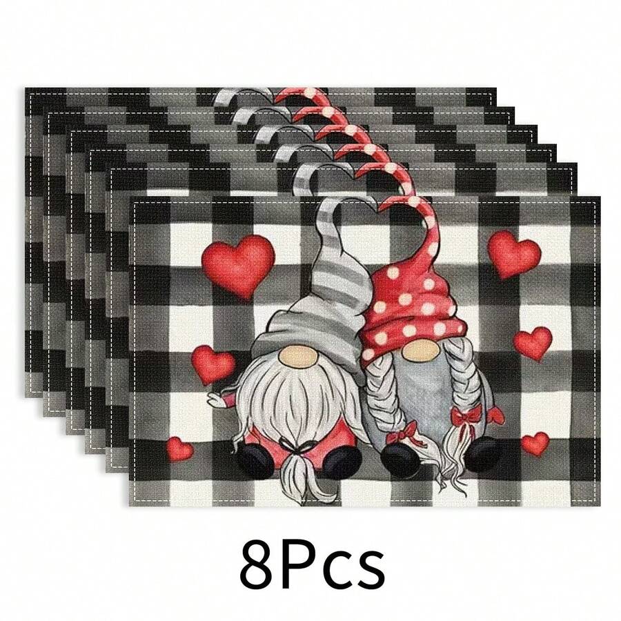 1/4/6/8/12 Stücke Set, Rotes Herz Muster, Valentinstag, Karomuster, Leinen Tischsets, waschbare bedruckte Tischsets, Oberflächenschutzmatten, Tischsets für Innen und Außen, geeignet für Feierlichkeiten und Küchendekoration - Verschiedenfarbig - Übersicht 1