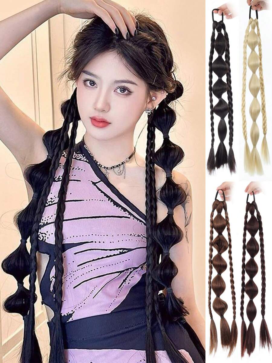 自然新款中国风编织假发，灯笼辫，泡泡辫，长辫，合成马尾假发，适合日常佩戴。 - 彩色 - 查看 1