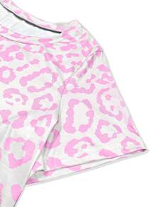 Plus Size Leopard Print Short Sleeve Dress For Women, Suitable For Spring/Summer Vacation - Pink - View 3