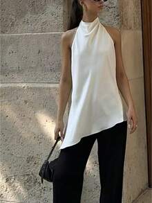 Women's Half High Neck Halter Top Asymmetrical Hem Sleeveless Blouse Elegant Cowl Neck Satin Tank Tops Y2K Backless Camisole Fashion Crop Tops For Going Out Streetwear Wedding Guest Occasion Wear Spring Summer - Trắng - Xem 8