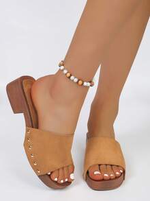 Dép lê nữ mùa hè kiểu retro đính đinh tán bằng da lộn, dép xăng đan hở mũi đế dày, thoải mái, đa năng. - Nâu nhạt - Xem 5