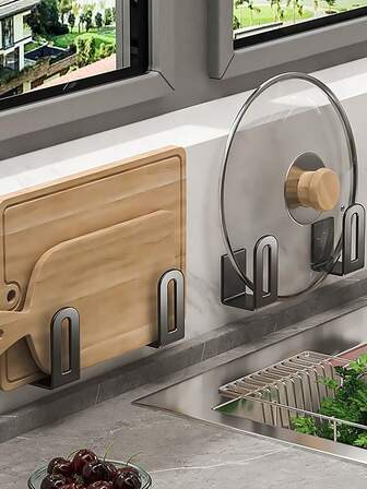 Perforation-Free Integrated Pot Cover Rack Kitchen Multifunctional Shelf Chopping Board Pot Cover Wall-Mounted Storage Rack Chopping Board Rack