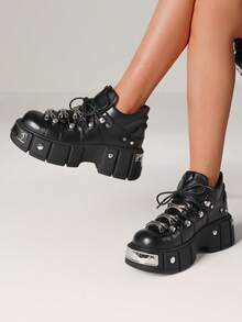 Women's Goth Platform Punk Ankle Boots Metal Deco Rivet Lace-Up Round Toe High Heel Sneakers Thick Soft Sole Bottom Street Rock Booties - 黑色 - 查看 6